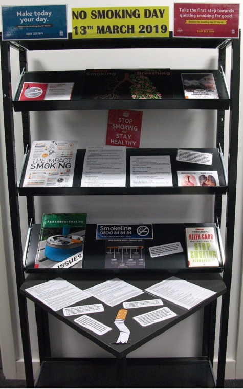 The Library's 'No Smoking Day 13th March 2019' display. Containing leaflets about the impact of smoking, advice on quitting and the book 'Stop Smoking Permanently' by Allen Carr.