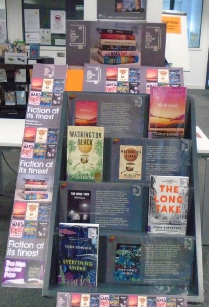 A library display of the 2019 Booker Prize shortlisted books. Including 'Washington Black', 'The Long Take' and the winning title 'Milkman'.