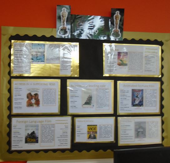 A display board covering the 2019 Oscar winning films available in the Library.