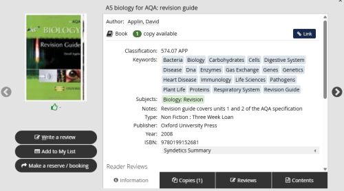 Example search result from the library catalogue containing the details of a resource available on the library shelves.